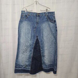 Vintage Luxury Blue Blue Denim Midi Skirt Distressed Colorblock Boho 21/22